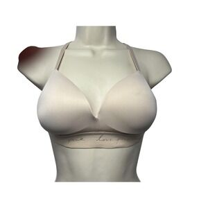 PINK Bra Womens 32C Beige Wireless Push Up Padded Plunge Crossback Logo